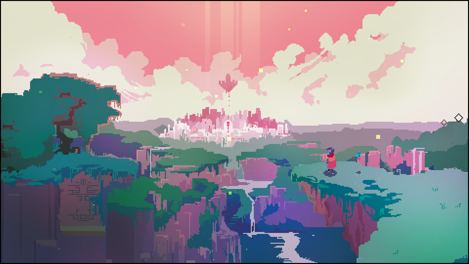 A pixelated landscape, trees and cliffs in the foreground and a shining pink city in the background