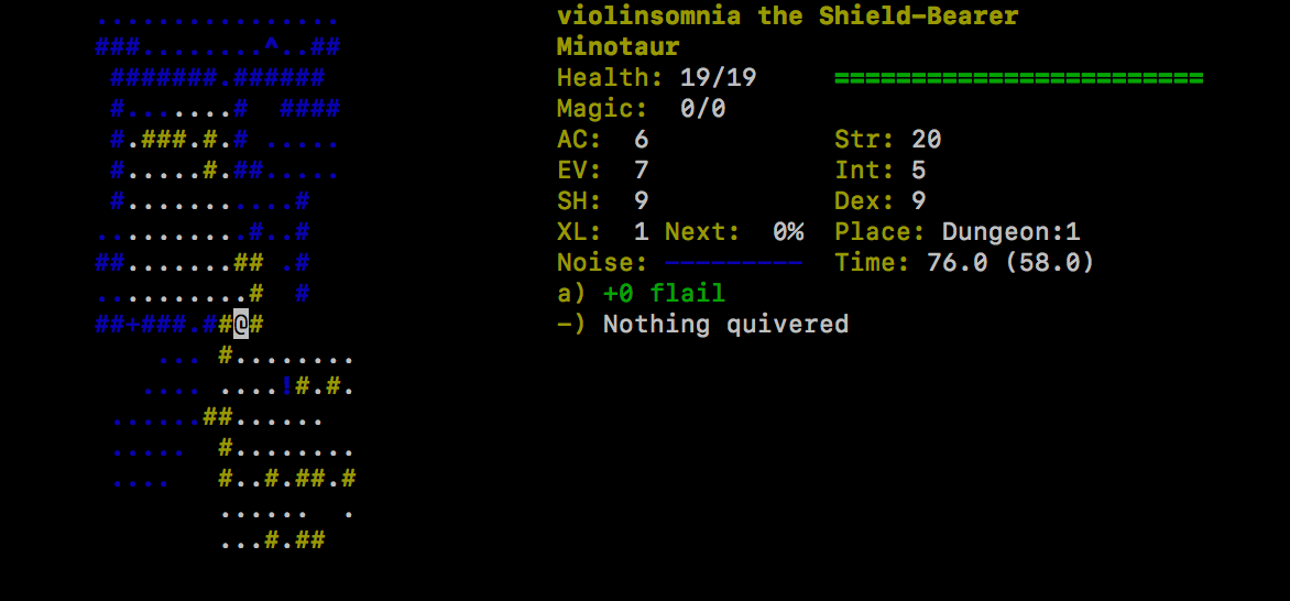 An image of NetHack, an ASCII interface played in a terminal window.