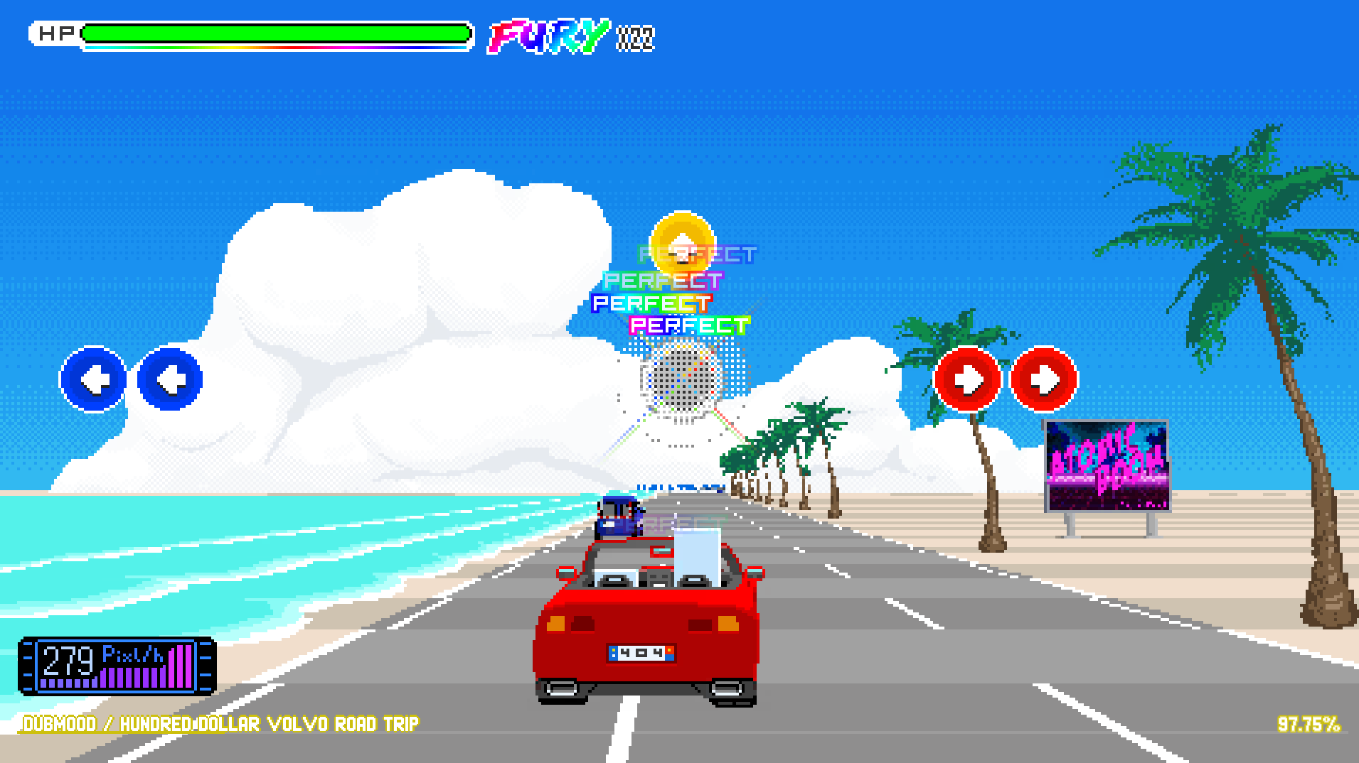 Colored circles with white arrows in them, over a beach scene with a red convertible driving down a road.