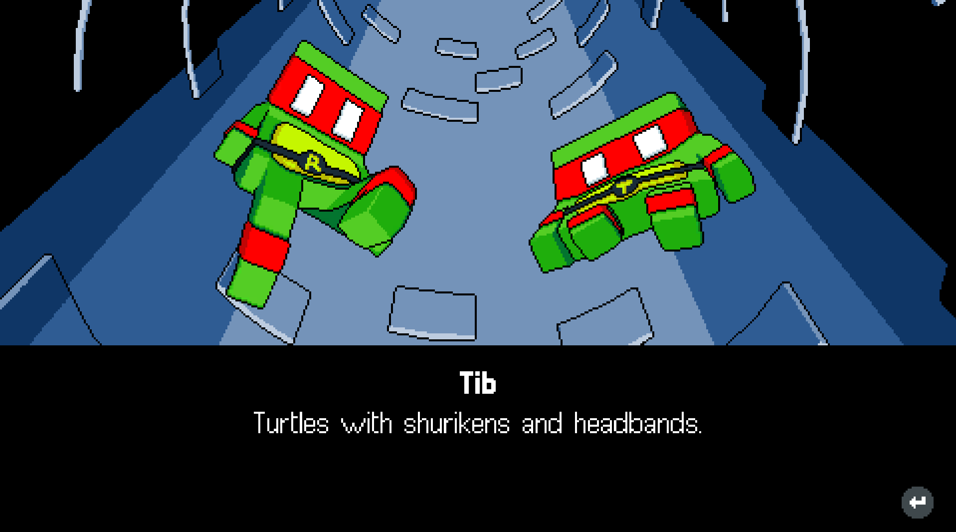 The game protagonists dressed as Ninja Turtles with red headbands, falling down a well. The text box says "Tib: Turtles with shurikens and headbands."