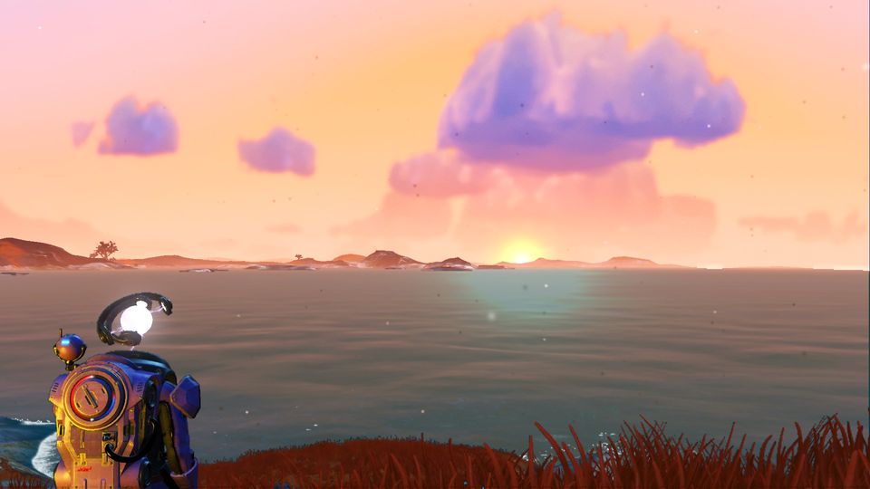 A creature in a spacesuit with a shining orb for a head looks out over an ocean at sunset
