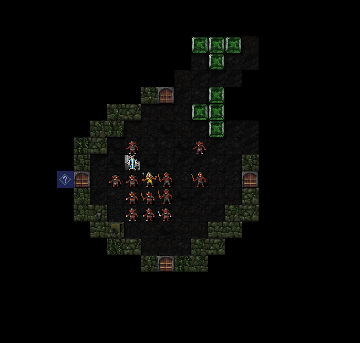 A basic 2D dungeon room, a ring of grey bricks on a black background. A minotaur is on stairs surrounded by 13 hobgoblins.